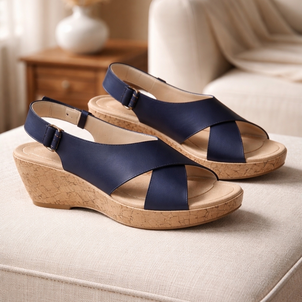 CL by Laundry Navy Wedge Sandals Size 10 - Picture 5 of 10